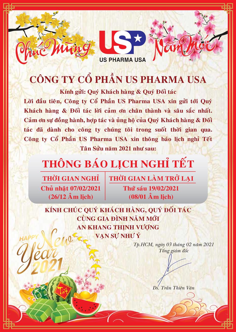 THÔNG BÁO LỊCH NGHỈ TẾT CÔNG TY CỔ PHẦN US PHARMA USA